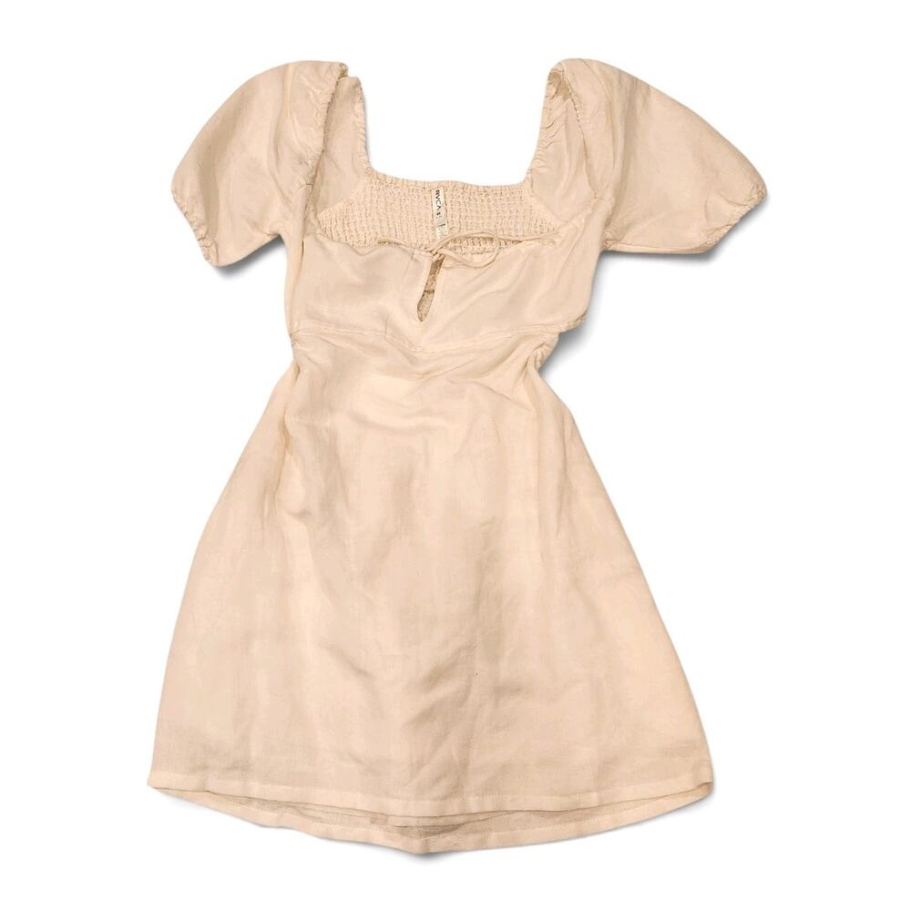 RVCA Cream Cotton Linen Blend Lined Casual Dress XS Short Tie Cut-out Back